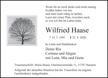 Traueranzeige von Wilfried Haase von Deister- und Weserzeitung