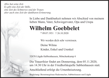 Traueranzeige von Wilhelm Goebbelet von Deister- und Weserzeitung