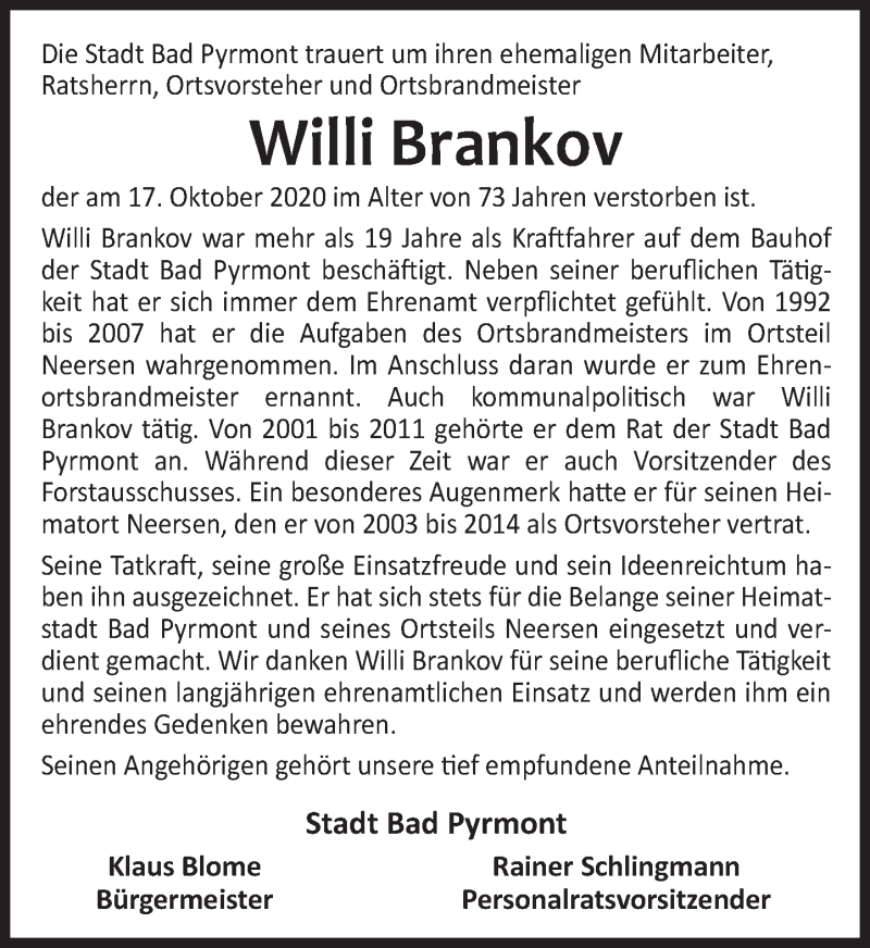  Traueranzeige für Willi Brankov vom 22.10.2020 aus Deister- und Weserzeitung