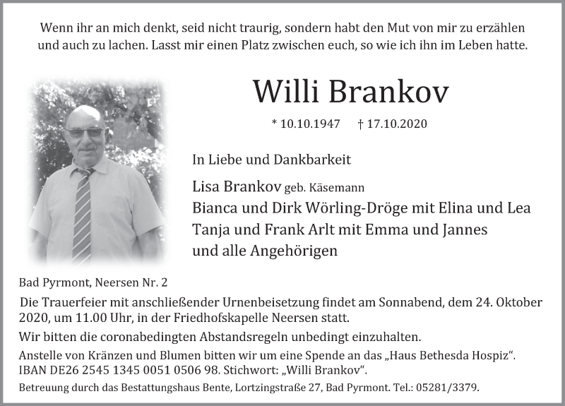  Traueranzeige für Willi Brankov vom 21.10.2020 aus Deister- und Weserzeitung
