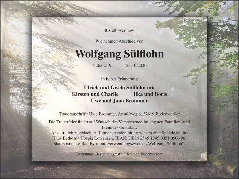  Traueranzeige für Wolfgang Sülflohn vom 30.10.2020 aus Deister- und Weserzeitung