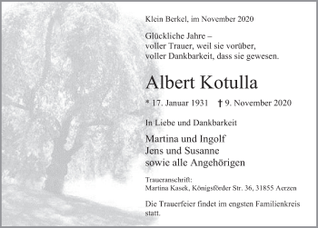 Traueranzeige von Albert Kotulla von Deister- und Weserzeitung