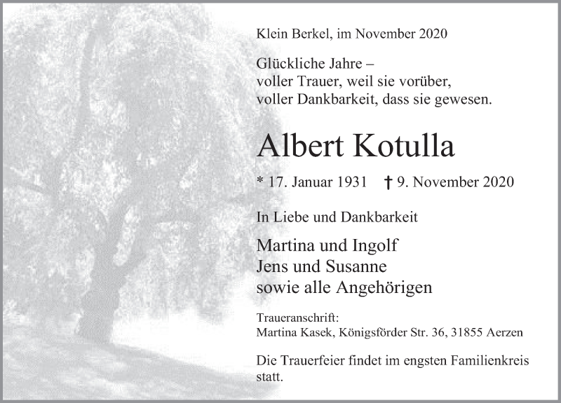  Traueranzeige für Albert Kotulla vom 14.11.2020 aus Deister- und Weserzeitung