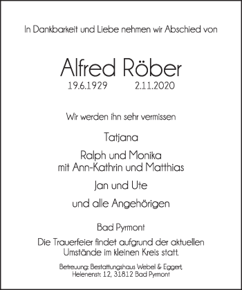 Traueranzeige von Alfred Röber von Deister- und Weserzeitung