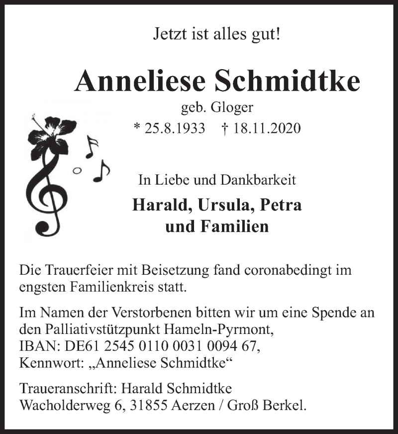  Traueranzeige für Anneliese Schmidtke vom 28.11.2020 aus Deister- und Weserzeitung
