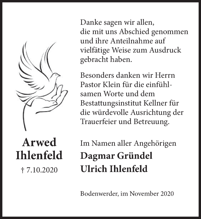  Traueranzeige für Arwed Ihlenfeld vom 07.11.2020 aus Deister- und Weserzeitung
