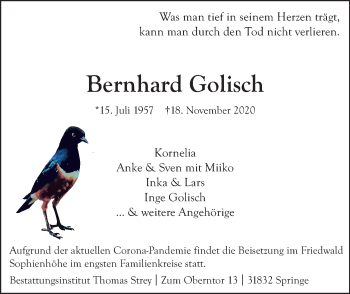Traueranzeige von Bernhard Golisch von Neue Deister-Zeitung