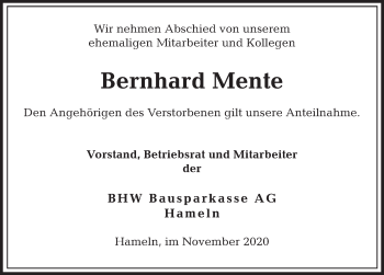 Traueranzeige von Bernhard Mente von Deister- und Weserzeitung