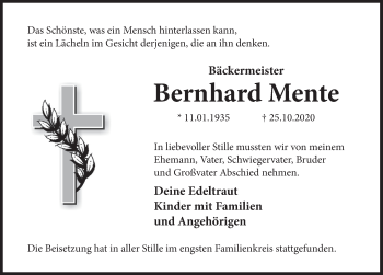 Traueranzeige von Bernhard Mente von Deister- und Weserzeitung