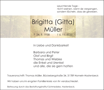 Traueranzeige von Brigitta Müller von Deister- und Weserzeitung