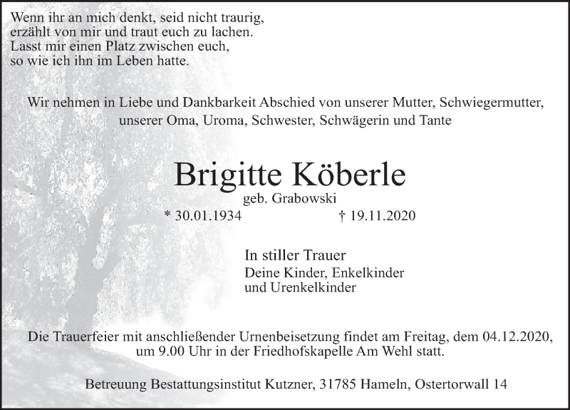  Traueranzeige für Brigitte Köberle vom 28.11.2020 aus Deister- und Weserzeitung