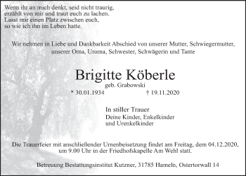 Traueranzeige von Brigitte Köberle von Deister- und Weserzeitung