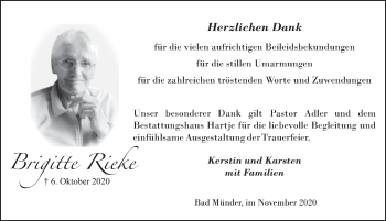 Traueranzeige von Brigitte Rieke von Neue Deister-Zeitung