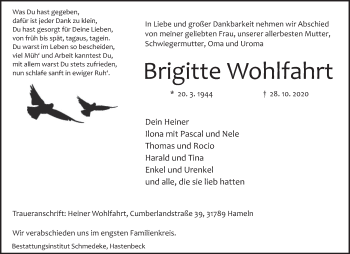 Traueranzeige von Brigitte Wohlfahrt von Deister- und Weserzeitung