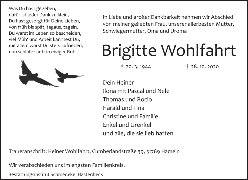  Traueranzeige für Brigitte Wohlfahrt vom 07.11.2020 aus Deister- und Weserzeitung