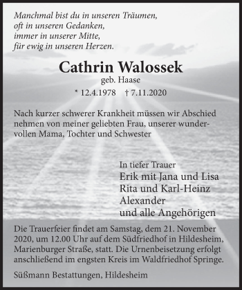 Traueranzeige von Cathrin Walossek von Deister- und Weserzeitung