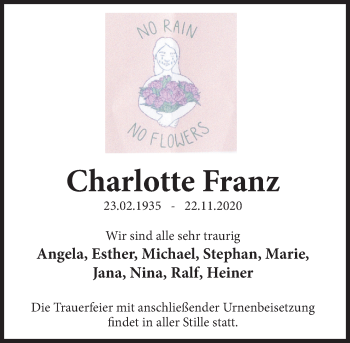 Traueranzeige von Charlotte Franz von Deister- und Weserzeitung