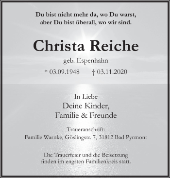 Traueranzeige von Christa Reiche von Deister- und Weserzeitung
