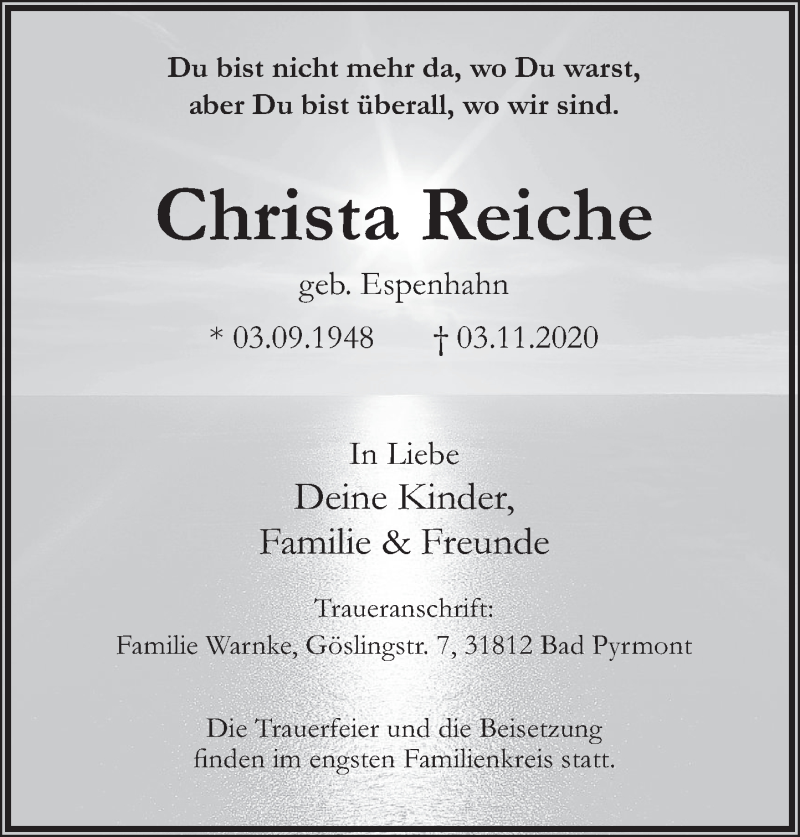  Traueranzeige für Christa Reiche vom 07.11.2020 aus Deister- und Weserzeitung