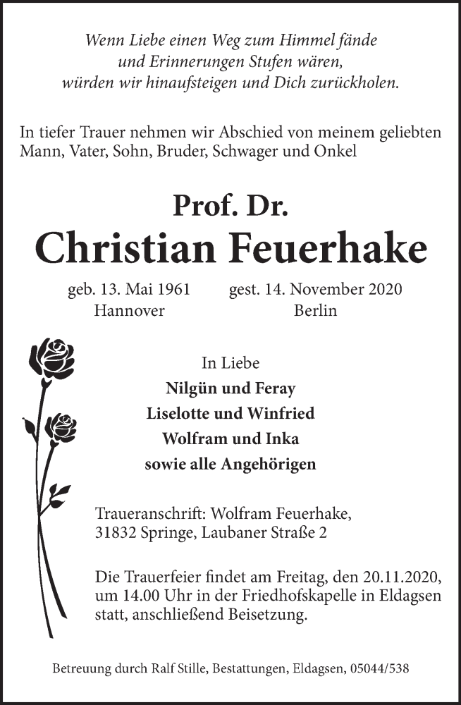  Traueranzeige für Christian Feuerhake vom 18.11.2020 aus Neue Deister-Zeitung