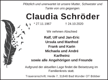 Traueranzeige von Claudia Schröder von Neue Deister-Zeitung