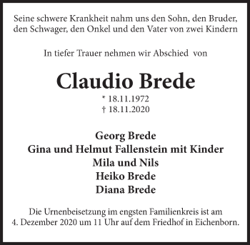 Traueranzeige von Claudio Brede von Deister- und Weserzeitung