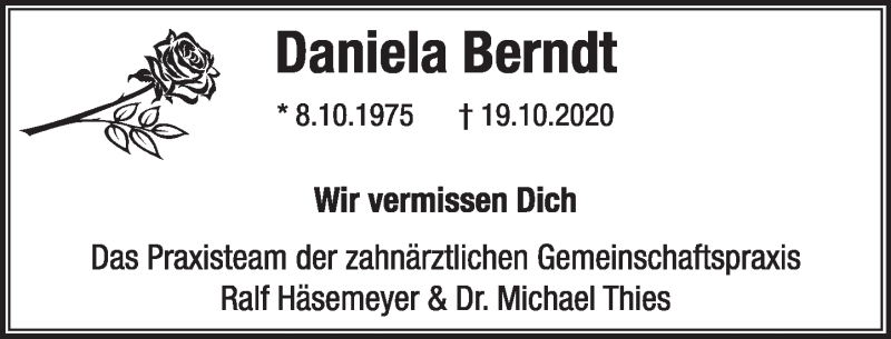  Traueranzeige für Daniela Berndt vom 07.11.2020 aus Neue Deister-Zeitung