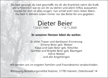 Traueranzeige von Dieter Beier von Deister- und Weserzeitung