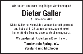 Traueranzeige von Dieter Galler von Neue Deister-Zeitung