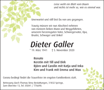 Traueranzeige von Dieter Galler von Neue Deister-Zeitung