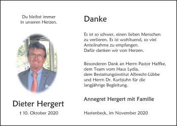 Traueranzeige von Dieter Hergert von Deister- und Weserzeitung