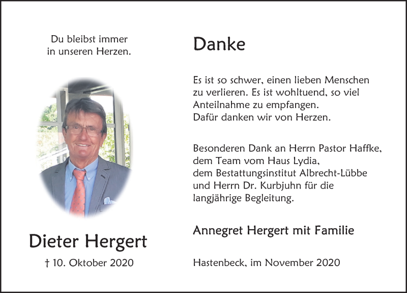  Traueranzeige für Dieter Hergert vom 21.11.2020 aus Deister- und Weserzeitung