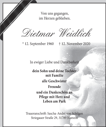 Traueranzeige von Dietmar Weidlich von Deister- und Weserzeitung