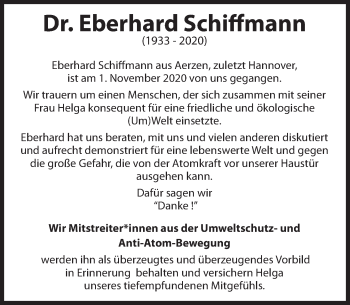 Traueranzeige von Eberhard Schiffmann von Deister- und Weserzeitung