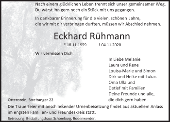 Traueranzeige von Eckhard Rühmann von Deister- und Weserzeitung