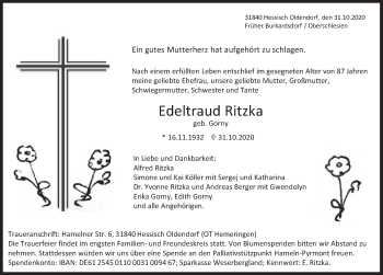 Traueranzeige von Edeltraud Ritzka von Deister- und Weserzeitung