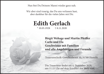 Traueranzeige von Edith Gerlach von Deister- und Weserzeitung