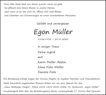 Traueranzeige von Egon Müller von Deister- und Weserzeitung