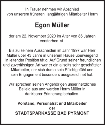 Traueranzeige von Egon Müller von Deister- und Weserzeitung