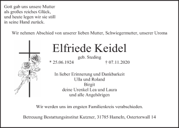 Traueranzeige von Elfriede Keidel von Deister- und Weserzeitung