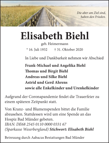 Traueranzeige von Elisabeth Biehl von Neue Deister-Zeitung