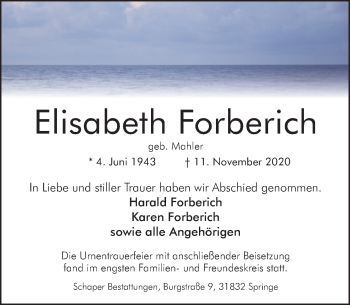 Traueranzeige von Elisabeth Forberich von Neue Deister-Zeitung