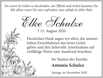Traueranzeige von Elke Schulze von Neue Deister-Zeitung