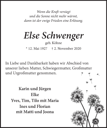 Traueranzeige von Else Schwenger von Neue Deister-Zeitung