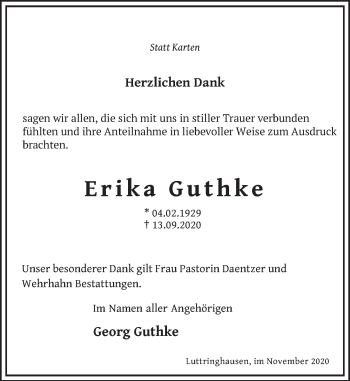 Traueranzeige von Erika Guthke von Neue Deister-Zeitung