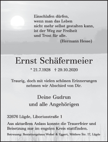 Traueranzeige von Ernst Schäfermeier von Deister- und Weserzeitung