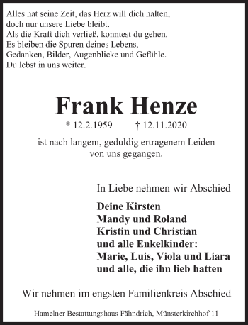 Traueranzeige von Frank Henze von Deister- und Weserzeitung