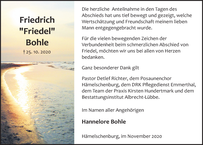  Traueranzeige für Friedrich Bohle vom 28.11.2020 aus Deister- und Weserzeitung