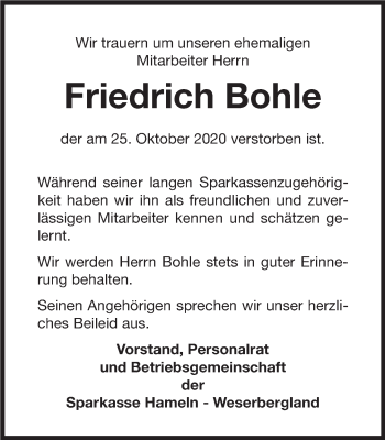 Traueranzeige von Friedrich Bohle von Deister- und Weserzeitung