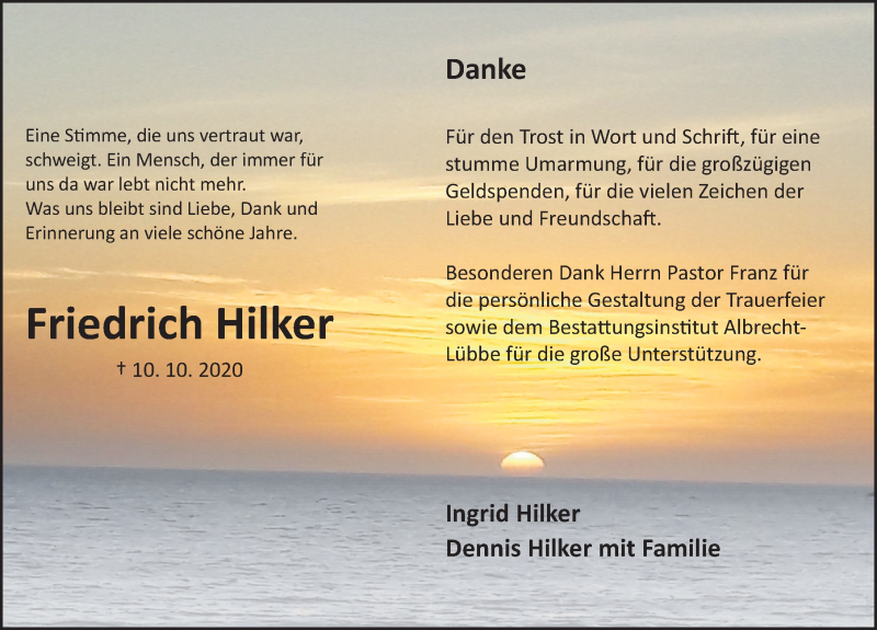  Traueranzeige für Friedrich Hilker vom 07.11.2020 aus Deister- und Weserzeitung